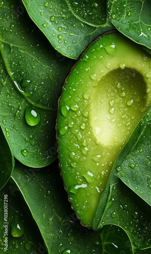 Fresh Avocado Half with Water Droplets on Green Leaves