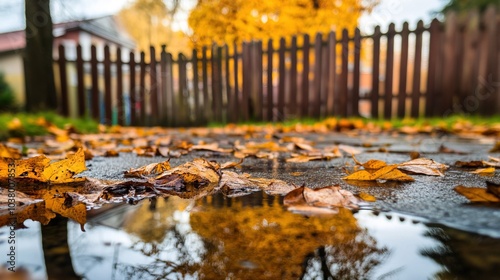 Backyard with standing water reflecting the surrounding trees and sky, capturing the serene beauty of nature's reflection and the tranquility of a still moment.