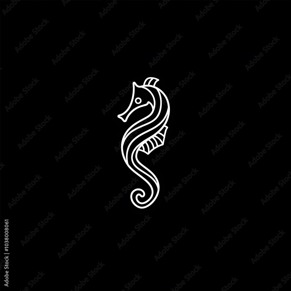 Naklejka premium A minimalist line art depiction of a seahorse on a black background.
