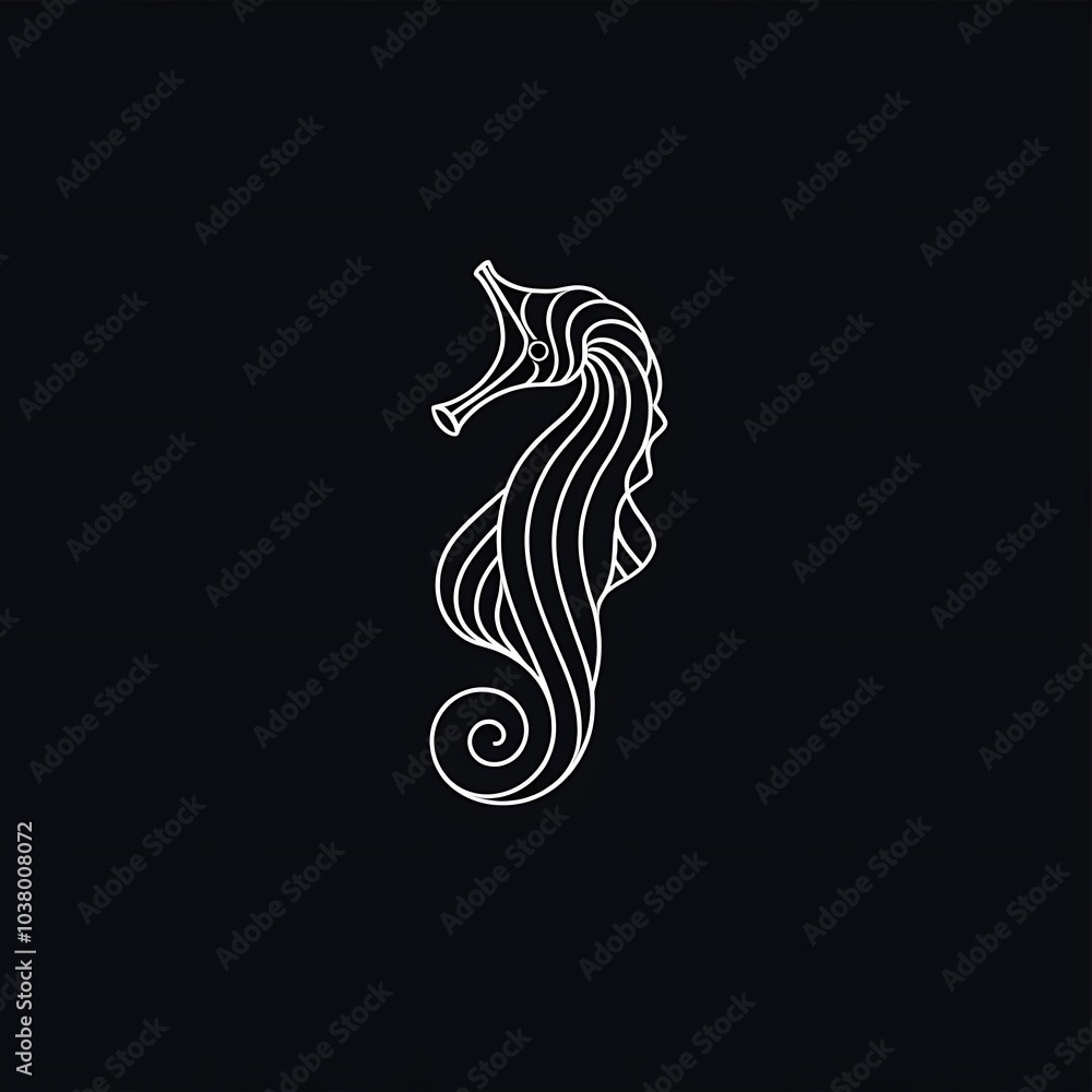 A minimalist line drawing of a seahorse on a black background. A minimalist line drawing of a seahorse on a black background.