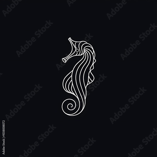 A minimalist line drawing of a seahorse on a black background. photo