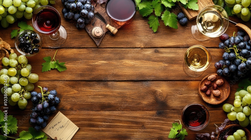 Wine and Grapes on Wooden Table Arrangement Wine and Grapes on Wooden Table Arrangement