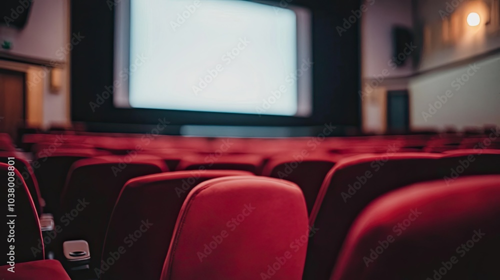 An empty auditorium with a row of red seats in focus, a large white projection screen in the distance. An empty auditorium with a row of red seats in focus, a large white projection screen in the distance.