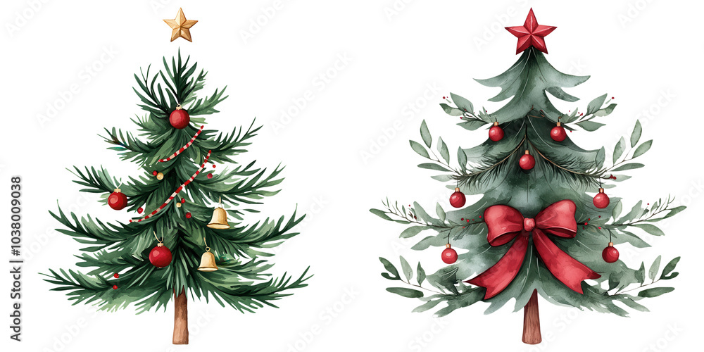 Two ornate Christmas trees, decorated with ornaments and bows, set against a transparent background, embodying festive spirit and seasonal cheer. Two ornate Christmas trees, decorated with ornaments and bows, set against a transparent background, embodying festive spirit and seasonal cheer.