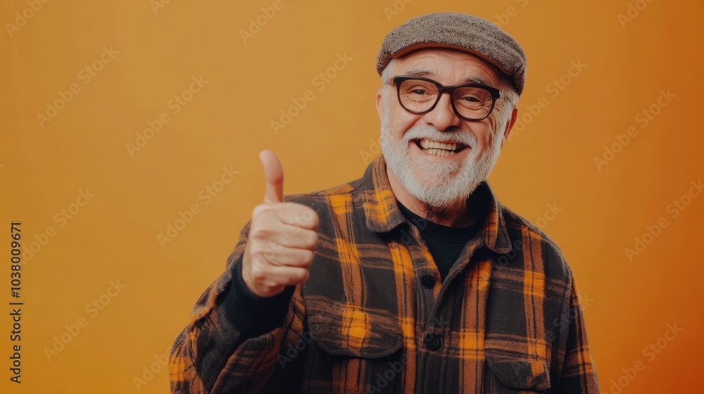 Joyful Elderly Man Smiling with Thumbs Up on Bright Orange Background Joyful Elderly Man Smiling with Thumbs Up on Bright Orange Background