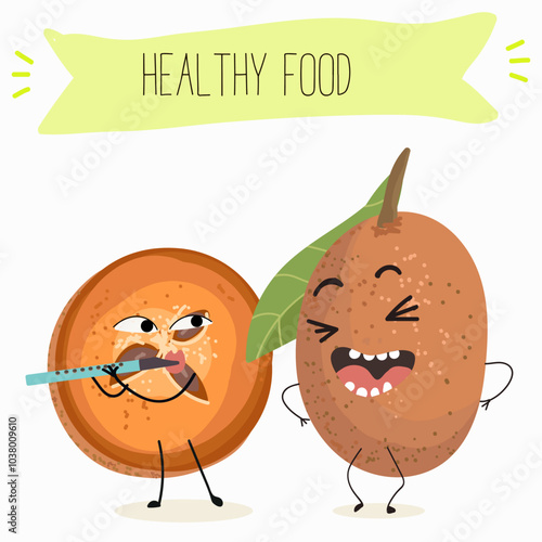 Cute sapodilla characters, funny fruits, different activities. Flat vector illustration. Organic food, healthy food, illustrations for kids menu, invitations.