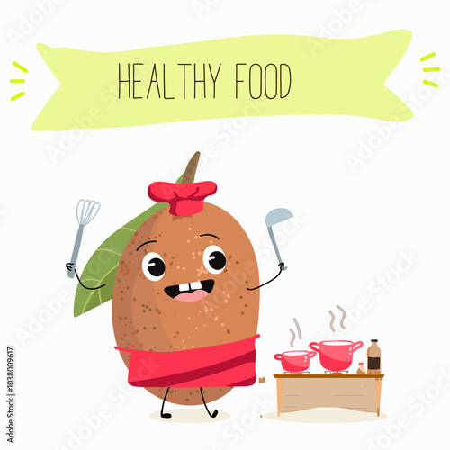 Cute sapodilla characters, funny fruits, different activities. Flat vector illustration. Organic food, healthy food, illustrations for kids menu, invitations.