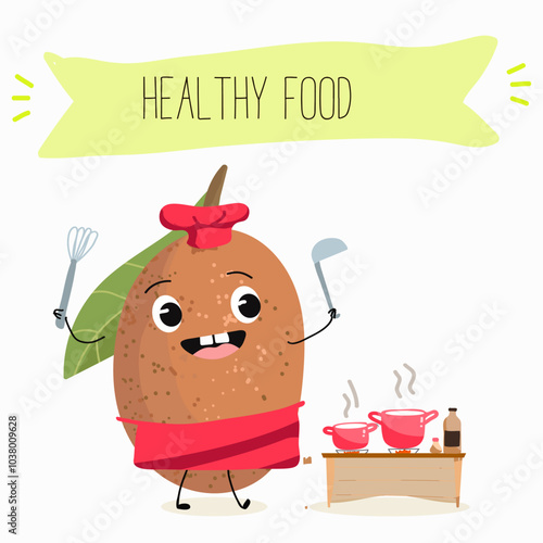 Cute sapodilla characters, funny fruits, different activities. Flat vector illustration. Organic food, healthy food, illustrations for kids menu, invitations.