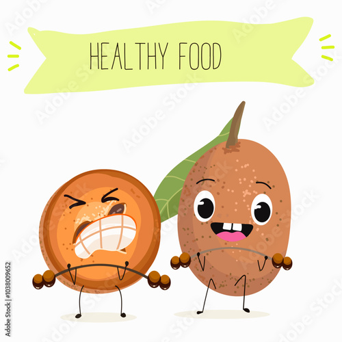 Cute sapodilla characters, funny fruits, different activities. Flat vector illustration. Organic food, healthy food, illustrations for kids menu, invitations.