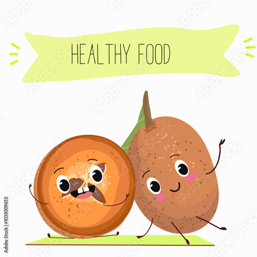 Cute sapodilla characters, funny fruits, different activities. Flat vector illustration. Organic food, healthy food, illustrations for kids menu, invitations.
