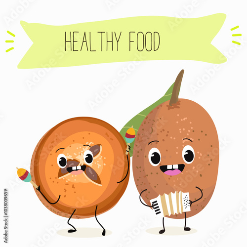 Cute sapodilla characters, funny fruits, different activities. Flat vector illustration. Organic food, healthy food, illustrations for kids menu, invitations.