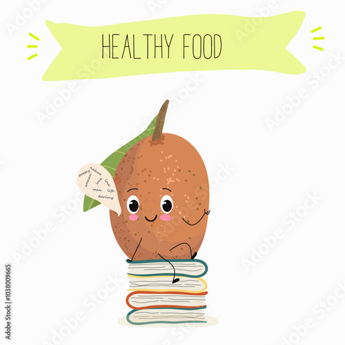Cute sapodilla characters, funny fruits, different activities. Flat vector illustration. Organic food, healthy food, illustrations for kids menu, invitations.