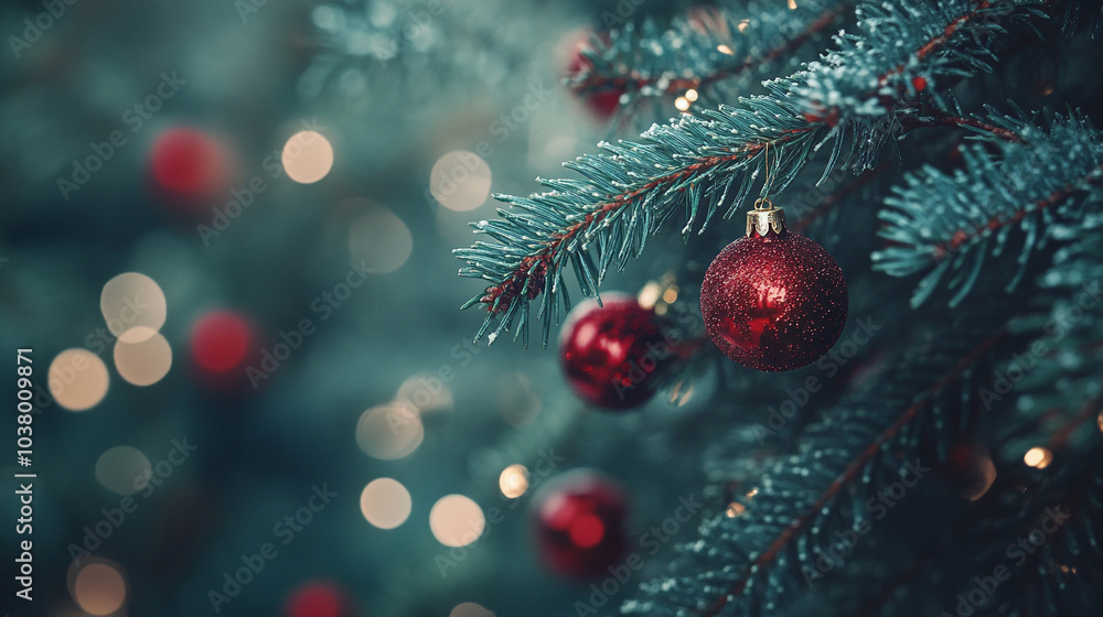 Decorated Christmas tree adorned with red ornaments and warm lights during festive season Decorated Christmas tree adorned with red ornaments and warm lights during festive season