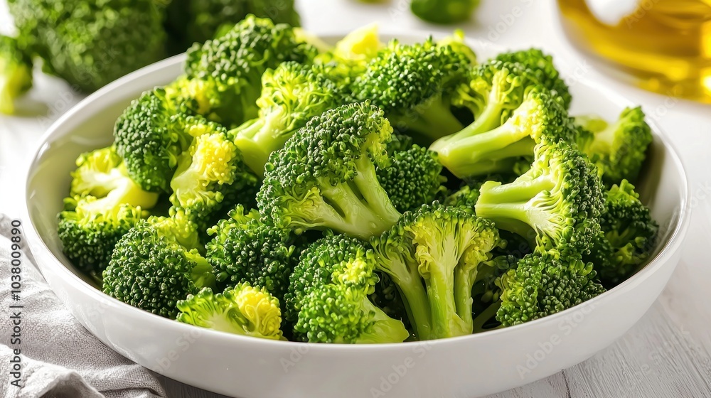 Steamed broccoli florets served in a white bowl with a drizzle of olive oil Steamed broccoli florets served in a white bowl with a drizzle of olive oil