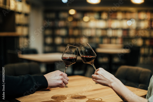 Celebrating with Red Wine Toast in cafe restaurant