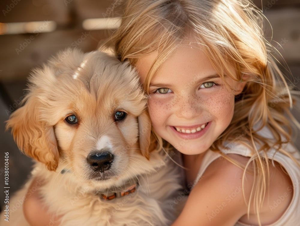 A young girl smiles as she holds a puppy. AI. A young girl smiles as she holds a puppy. AI.