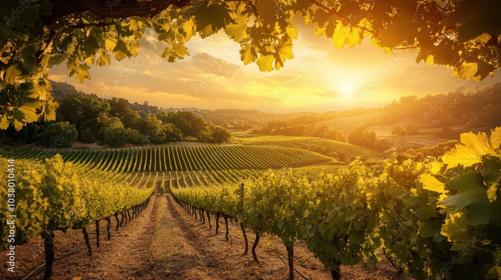Naklejka premium Golden Sunset Over Vineyard Rows in Tranquil Landscape