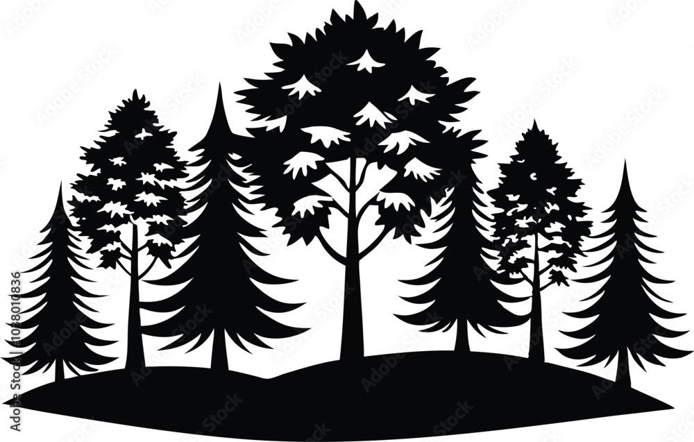 trees and forest silhouette , forest landscape silhouette, detailed tree silhouette, artistic trees silhouette vector illustration trees and forest silhouette , forest landscape silhouette, detailed tree silhouette, artistic trees silhouette vector illustration