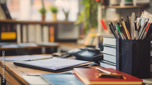 A workspace with pens, notebooks, and documents, suggesting organization and productivity.