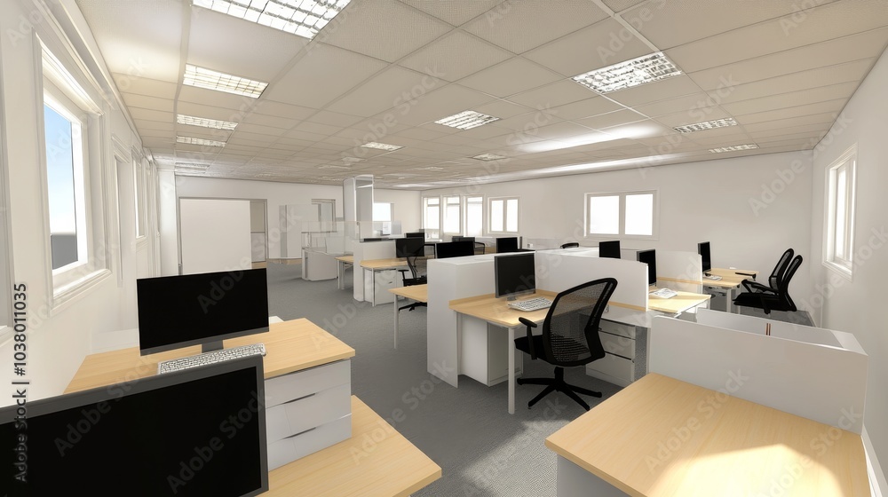Modern office space with desks, computers, and ergonomic chairs designed for productivity. Modern office space with desks, computers, and ergonomic chairs designed for productivity.