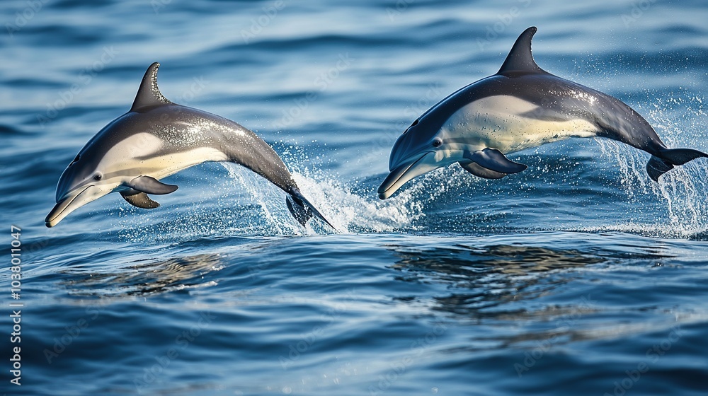 Beautiful bottlenose dolphins jumping out of sea Beautiful bottlenose dolphins jumping out of sea