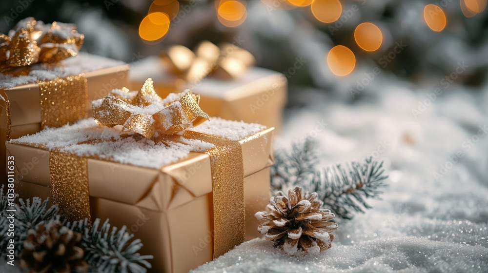 Elegant Winter Holiday Setting with Gold Gifts Elegant Winter Holiday Setting with Gold Gifts