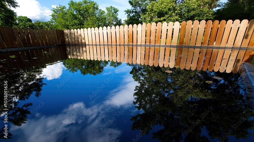 Fototapeta premium Backyard with standing water reflecting the surrounding trees and sky, capturing the serene beauty of nature's reflection and the tranquility of a still moment.