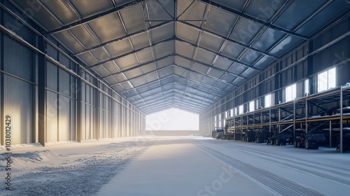 A cold storage warehouse with thick metal walls, no insulation, large open space with stacked materials, minimalist industrial design, 