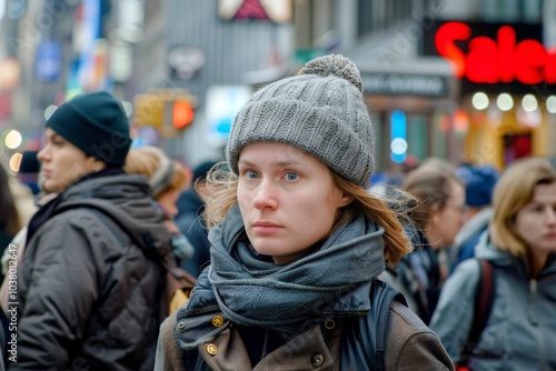 A young woman looks at the street in Manhattan.