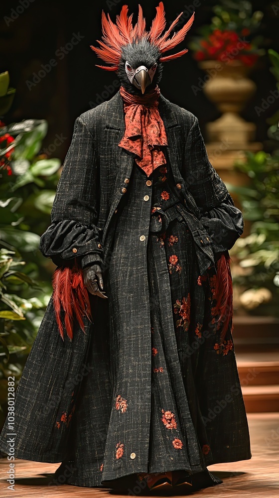 A human-shaped parrot posing in a modern, avant-garde designer suit, walking on a catwalk A human-shaped parrot posing in a modern, avant-garde designer suit, walking on a catwalk