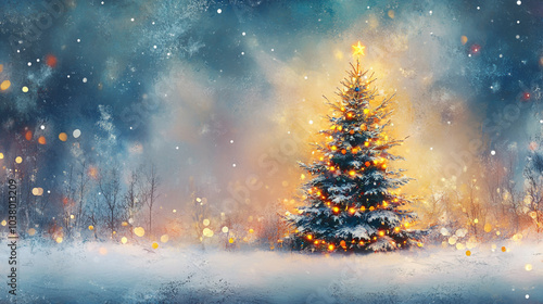 A festive Christmas tree adorned with lights stands majestically in a serene snowy landscape