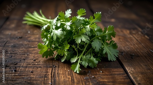 fresh coriander leaves bunch on wooden background, organic coriander, AI Generative