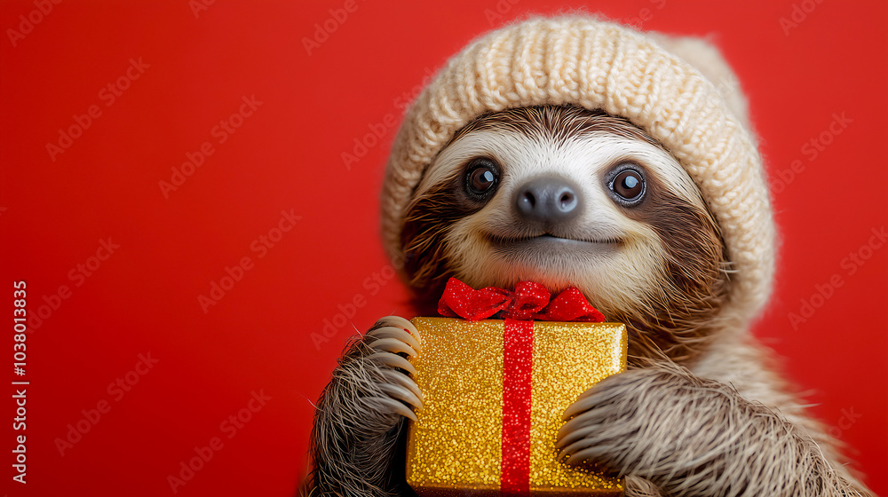 Fototapeta premium Cute happy sloth wearing cloth in winter theme holding Christmas gift box studio shot on red background with Christmas decoration ornament . Funny animal concept .
