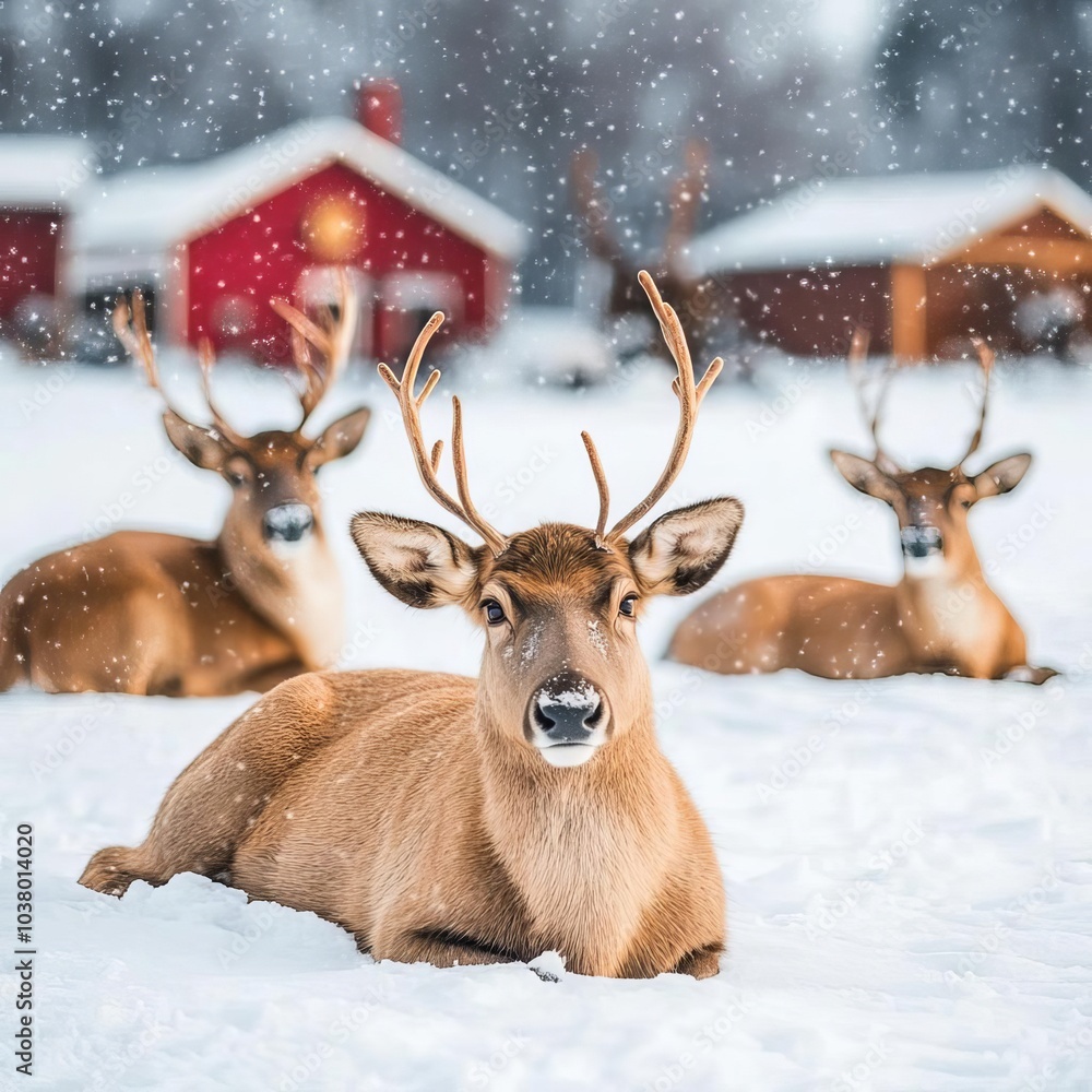 Reindeer resting in the snow outside Santa s North Pole workshop Reindeer resting in the snow outside Santa s North Pole workshop