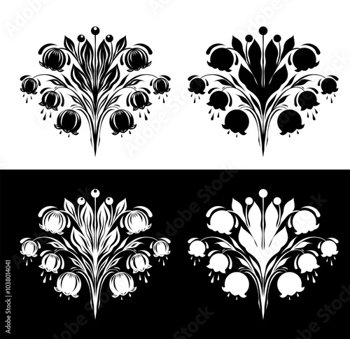 Vector monochrome set of tracery and silhouette illustration lilies of the valley. Collection of black and white floral symmetrical arrangement for icons and infographics