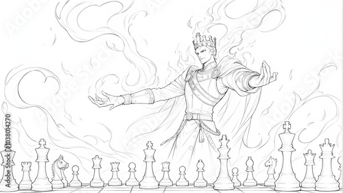 A dramatic chess scene featuring a king piece illuminated by flames and smoke, symbolizing strategy and intense competition.