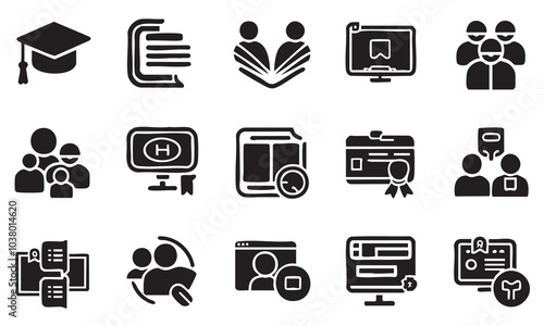 A diverse set of icons representing education, learning, teamwork, and digital communication concepts. Includes symbols for graduation, books, certification, and collaboration.