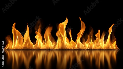 A vibrant display of flames against a black background, reflecting light and creating a dramatic effect. photo