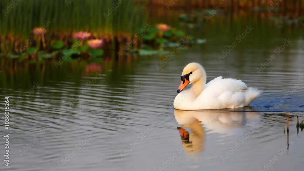 Tiny baby swan gliding gracefully across a calm lake. Tiny baby swan gliding gracefully across a calm lake.