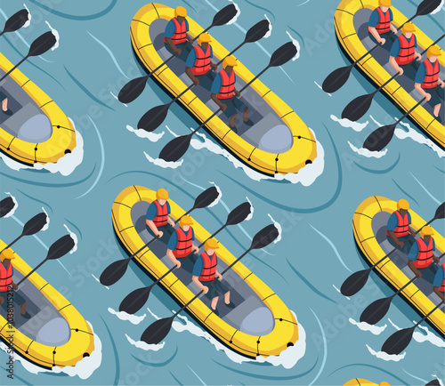 Vector seamless pattern with people doing rafting on river top view. Texture with active sport leisure in flat style. Extreme water sport hobby with friends. Background for wallpaper