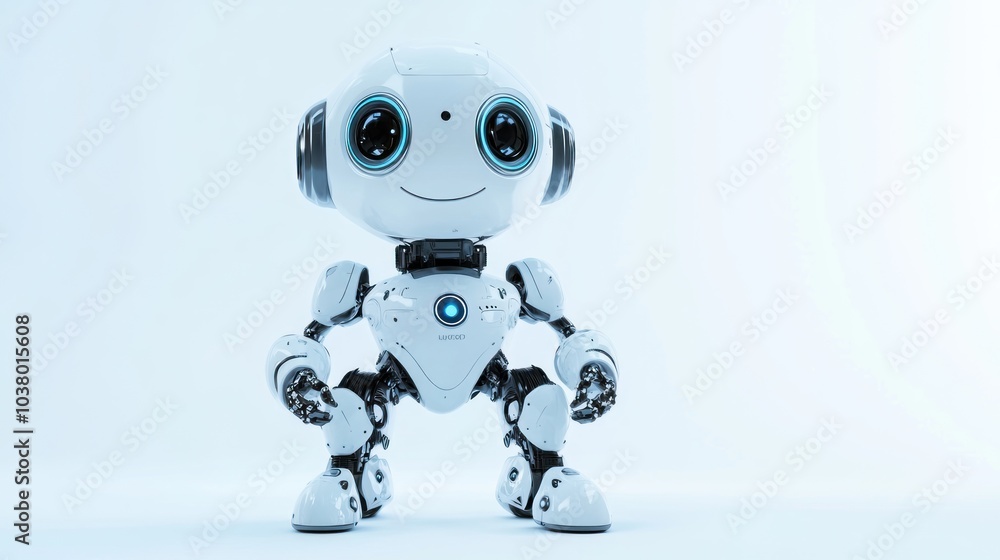A friendly humanoid robot with large eyes and a smiling face, designed for interaction. A friendly humanoid robot with large eyes and a smiling face, designed for interaction.