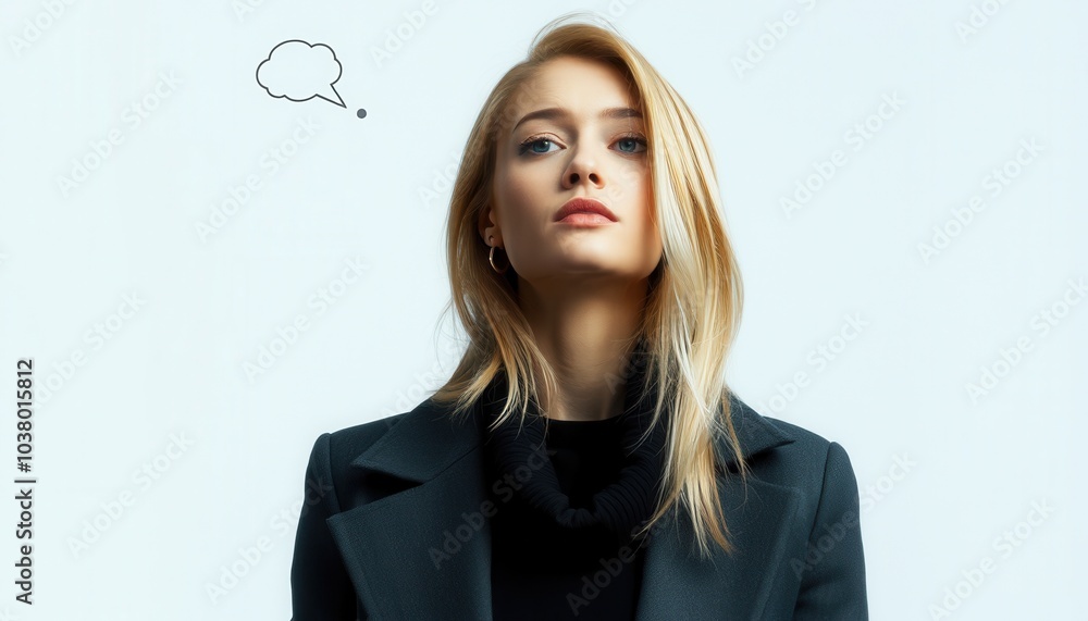 A young woman poses confidently against a soft background while contemplating her next thought in a fashion-forward outfit A young woman poses confidently against a soft background while contemplating her next thought in a fashion-forward outfit