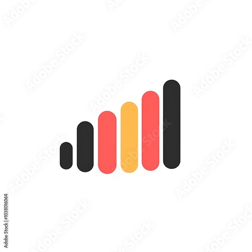 A minimalist graphic depicting a bar chart with varying heights in red, yellow, and black colors.