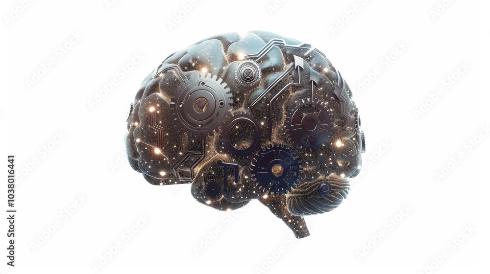 a luminous brain hemisphere adorned with gears and circuitry, symbolizing the interconnectedness of thought and technology a luminous brain hemisphere adorned with gears and circuitry, symbolizing the interconnectedness of thought and technology