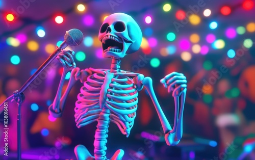 Skeleton Singing Karaoke. A 3D skeleton having fun singing karaoke at a holiday party, holding a microphone with colorful lights and a cheering crowd in the background.  photo