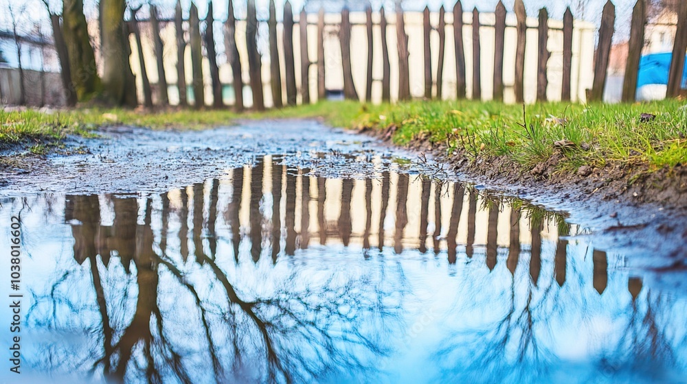 Backyard with standing water reflecting the surrounding trees and sky, capturing the serene beauty of nature's reflection and the tranquility of a still moment. Backyard with standing water reflecting the surrounding trees and sky, capturing the serene beauty of nature's reflection and the tranquility of a still moment.