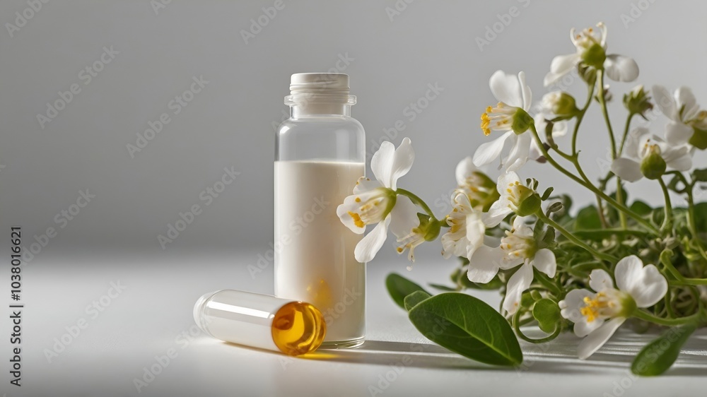 vitamin pill capsule containing Bacopa Monnieri extract powder, placed beside a delicate, bacopa monnieri flower. creamy white background. Nutrition supplemet and health eating concept vitamin pill capsule containing Bacopa Monnieri extract powder, placed beside a delicate, bacopa monnieri flower. creamy white background. Nutrition supplemet and health eating concept