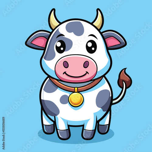  Cute Plump Cow with Bell - Cartoon Illustration