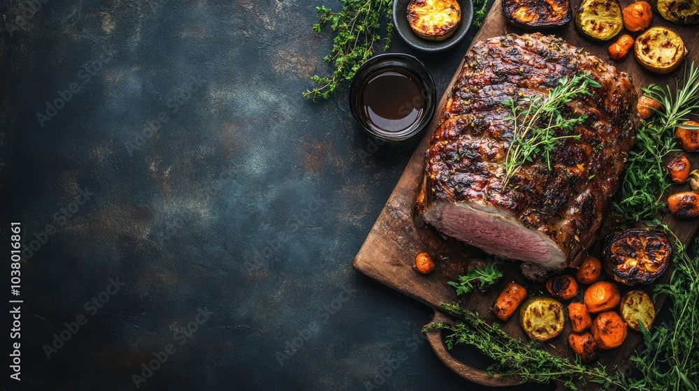 Roasted Meat with Vegetables on a Rustic Table Roasted Meat with Vegetables on a Rustic Table