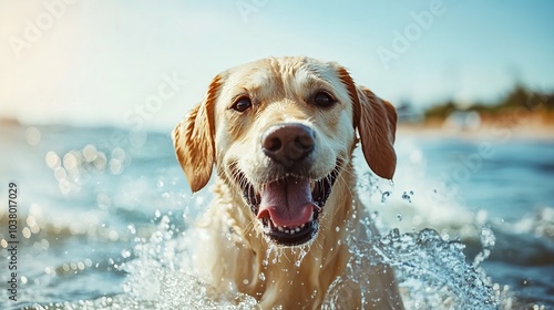 Happy labrador dog in water splashes. 